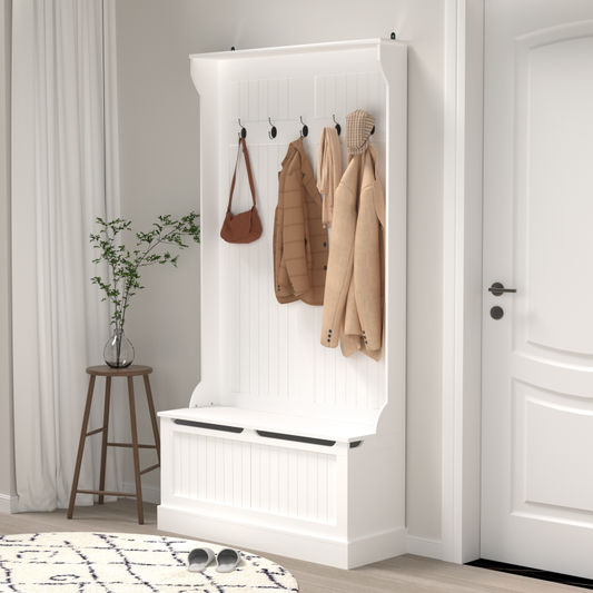 Modern White Hall Tree Bench, Entryway Shoe Storage, 5 Hooks