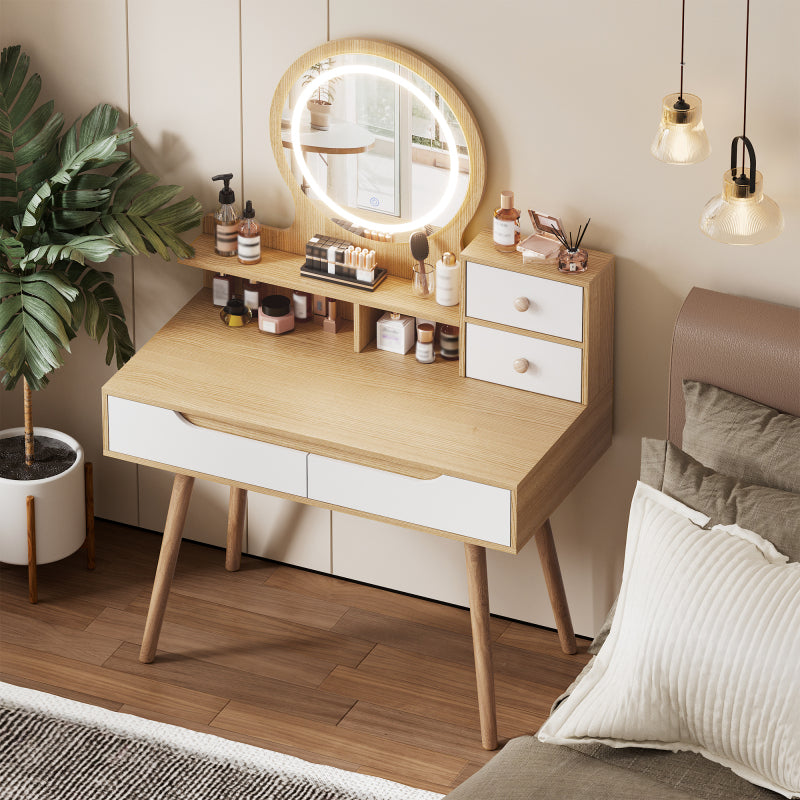 Modern Makeup Vanity for Small Bedrooms, Tri-Fold LED Mirror