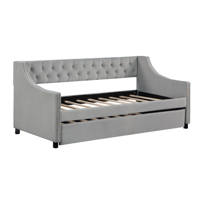 Classic Tufted Daybed w/ Trundle for Guest Room, Full, Beige