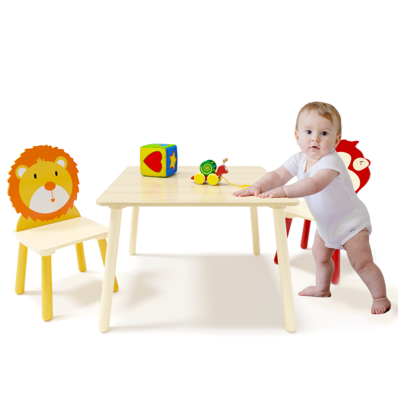Wooden Kids Table & 2 Chairs for Playroom, Lion & Monkey