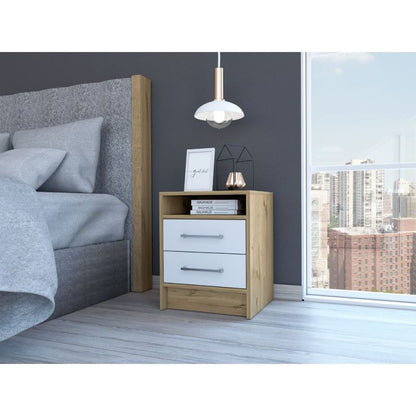 Eter Modern Bedside Table with 2 Drawers, Smokey Oak/White