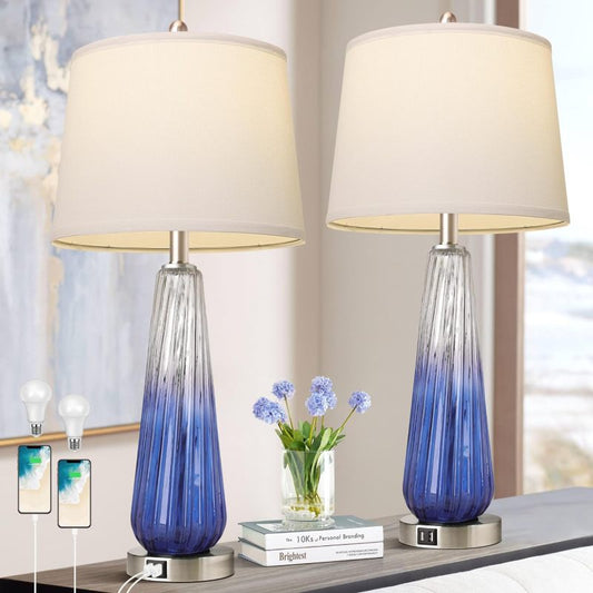 Modern Glass Bedside Lamps Set of 2 3-Way Touch & USB A+C