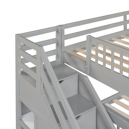 Modern L-Shaped Twin/Full Kids' Bunk with Stairs & Drawers