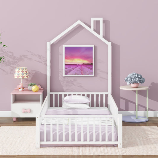 Playhouse Twin Metal Bed for Kids with Guardrail & Chimney