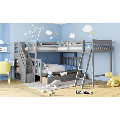 Modern L-Shaped Twin/Full Kids' Bunk with Stairs & Drawers