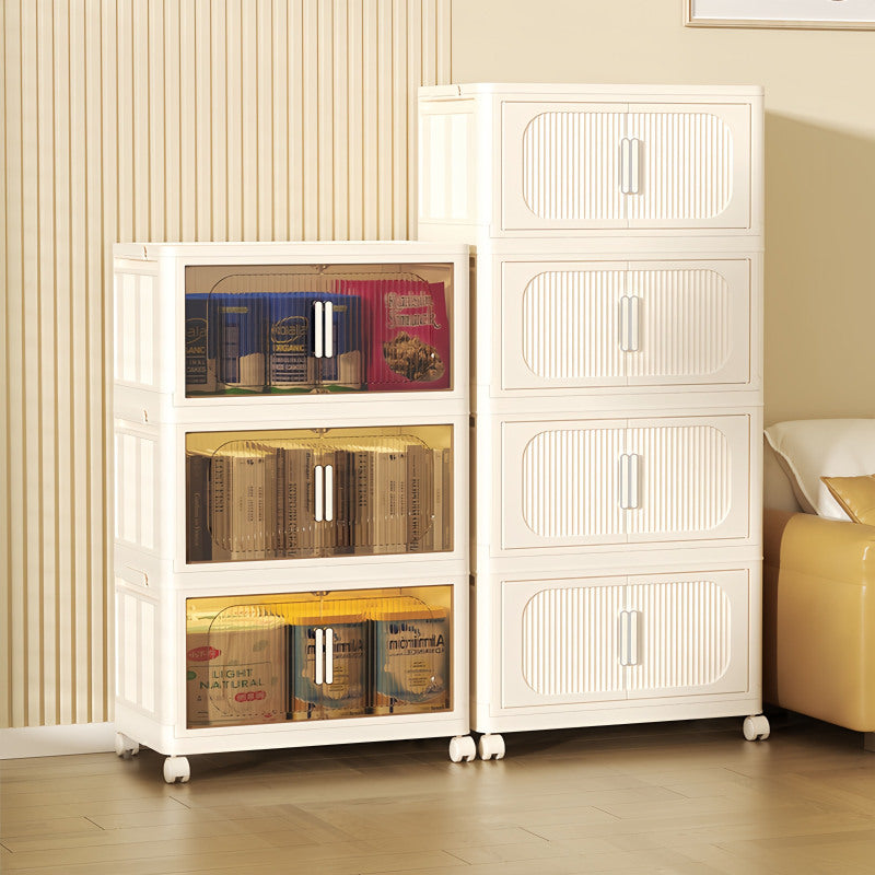 Cream White Folding Storage Cabinet on Wheels for Entryway