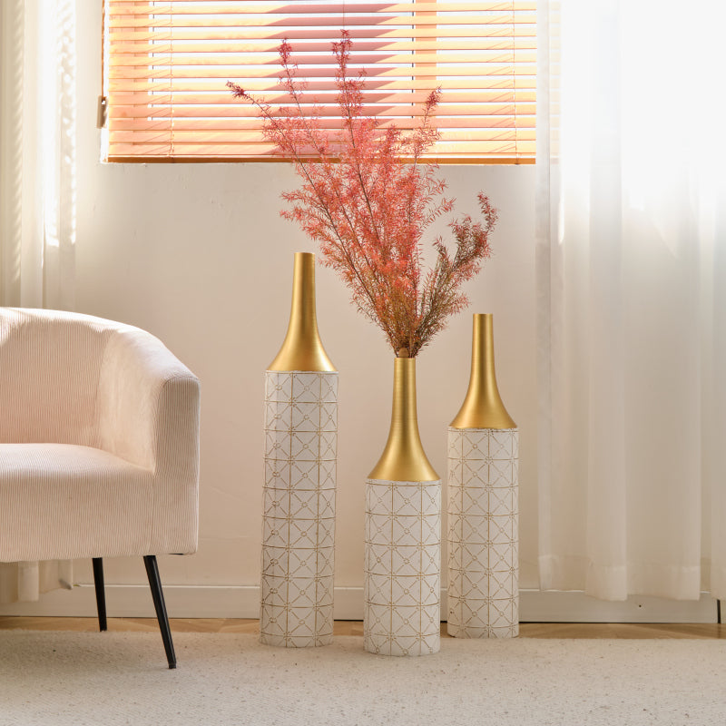 Modern Floor Vase Trio for Living Room, Tall White Metal