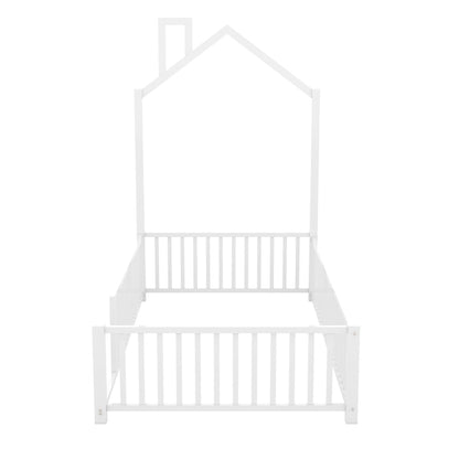 Playhouse Twin Metal Bed for Kids with Guardrail & Chimney