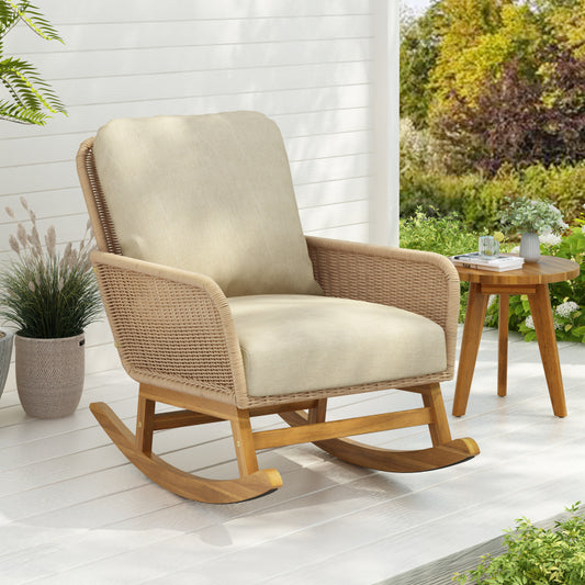 Modern Beige Wicker Rocker for Indoor/Outdoor, Soft Cushions