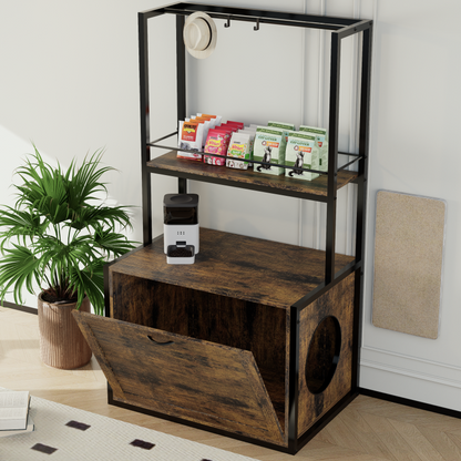 Rustic Brown Litter Box Cabinet for Home with Shelves & Rods