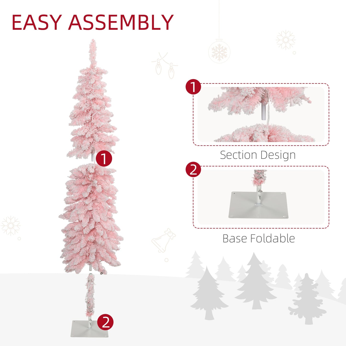 HOMCOM 6 Ft Slim Pink Pre-Lit Christmas Tree, Small Spaces