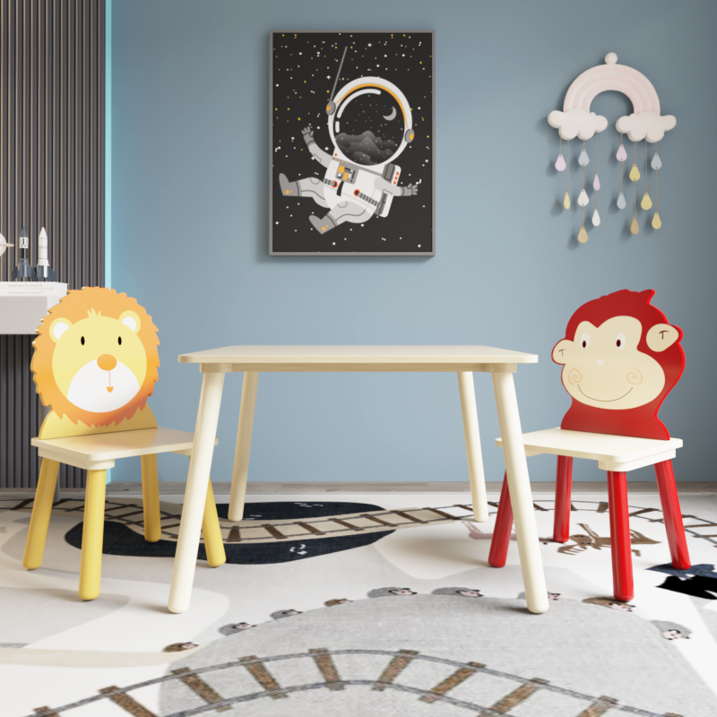 Wooden Kids Table & 2 Chairs for Playroom, Lion & Monkey