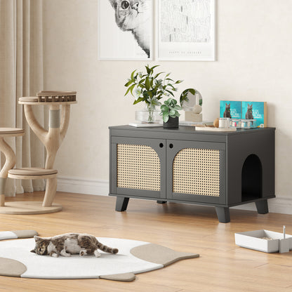 Boho Rattan Cat Litter Box Cabinet for Home, Flip-Top