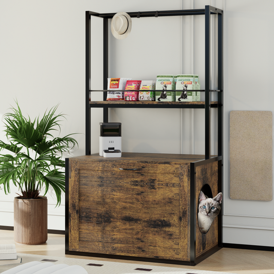 Rustic Brown Litter Box Cabinet for Home with Shelves & Rods