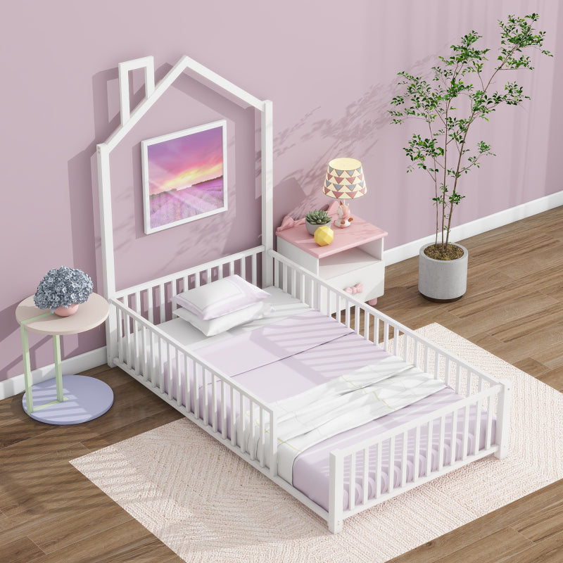 Playhouse Twin Metal Bed for Kids with Guardrail & Chimney