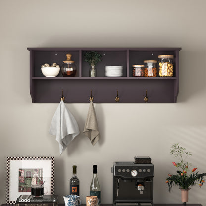 Espresso Wall-Mount Coat Rack Shelf, Entryway, 4 Dual Hooks