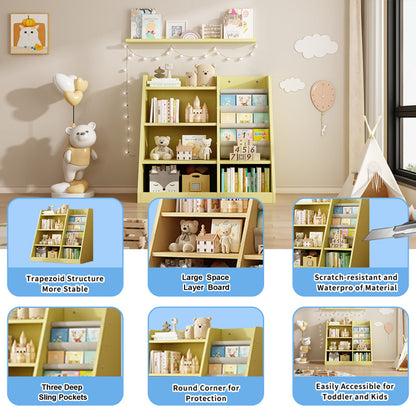 Yellow Wooden Toy Storage Organizer Cabinet Kids Bookshelf  Children Bookcase Toddler Baby Sling Book Rack Shelf for Playroom Bedroom Nursery Hallway School Kindergarten Living Roomy
