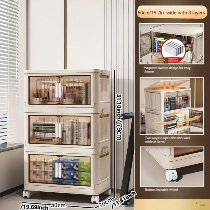 Modern Folding Closet Cabinet with Wheels, 3-Tier