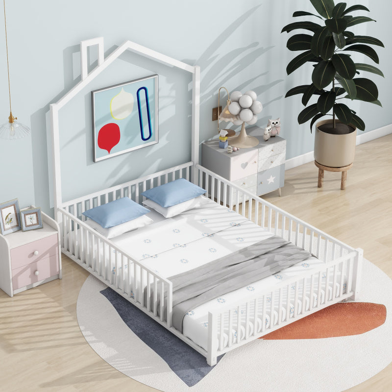 Playhouse Twin Metal Bed for Kids with Guardrail & Chimney