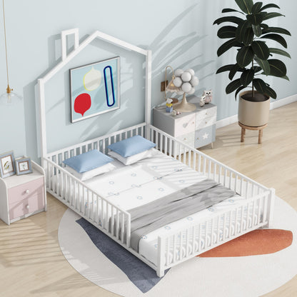 Playhouse Twin Metal Bed for Kids with Guardrail & Chimney