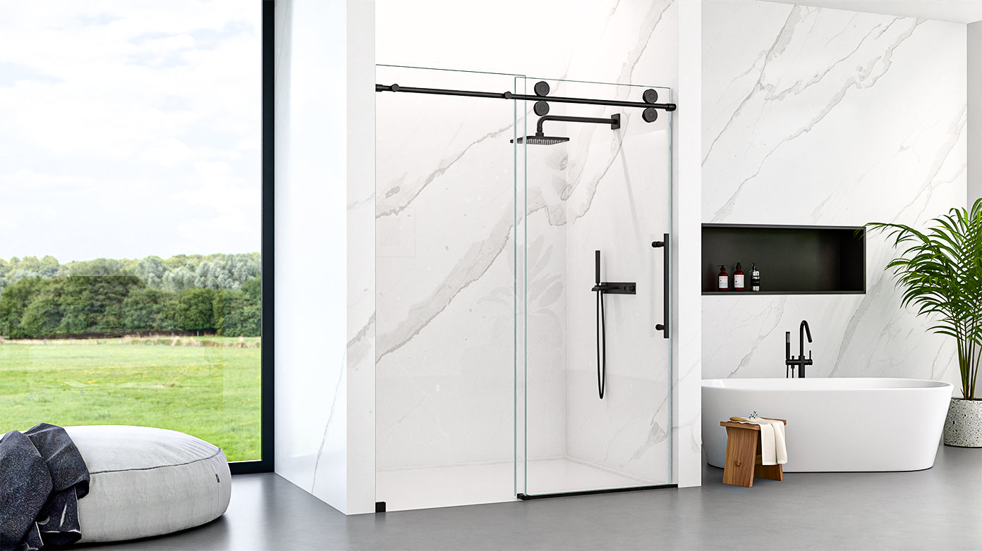 56"-60"W x 72"H Frameless Single Sliding Shower Door _ 5/16" (8mm) Clear Tempered Glass, Bypass Design with Matte Black Finish