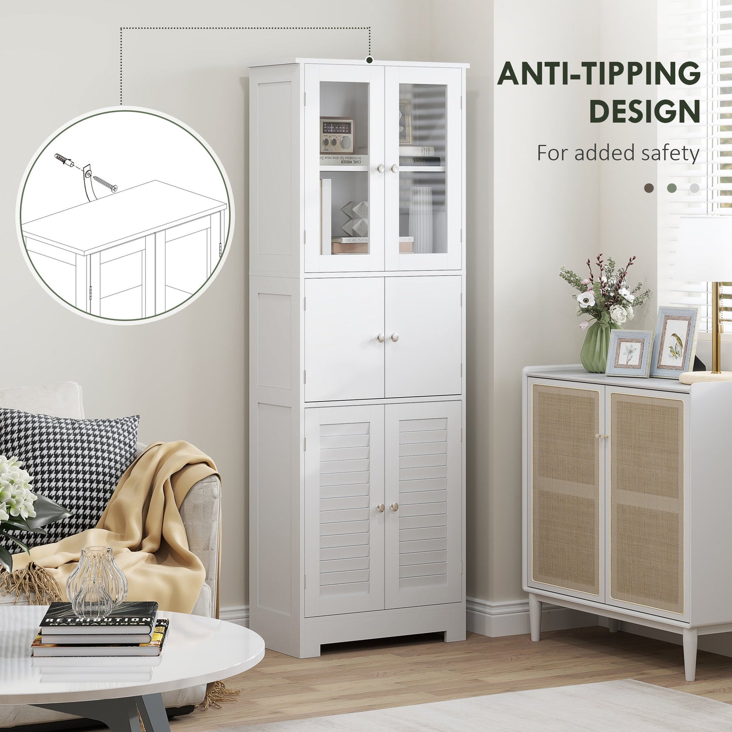 HOMCOM Modern Bathroom Cabinet with Glass & Louvered Doors