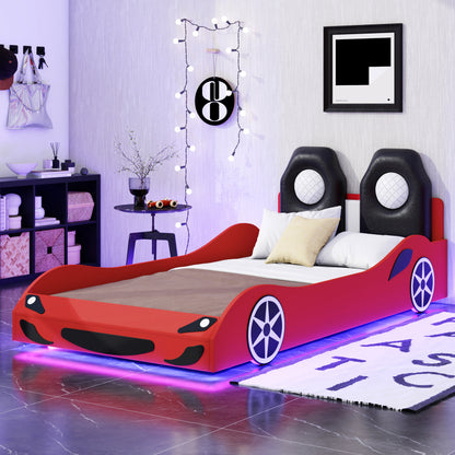 Race Car Twin Platform Bed for Kids, LED & Padded Headboard