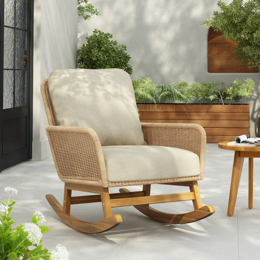 Modern Beige Wicker Rocker for Indoor/Outdoor, Soft Cushions