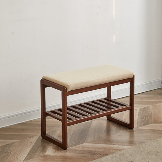 Walnut Solid Wood Entryway Shoe Bench with Cushioned Seat