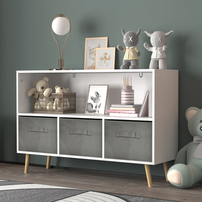 Modern Kids Bookcase for Playroom w/ Collapsible Fabric Bins