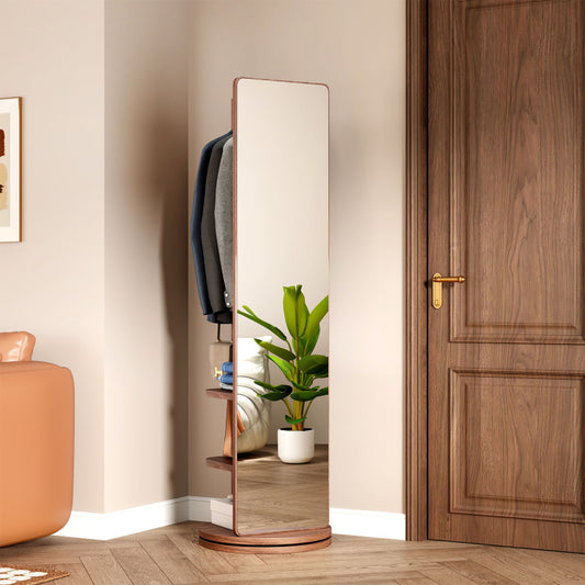 Solid Wood Walnut Floor Mirror for Entryway, 360° with Hooks