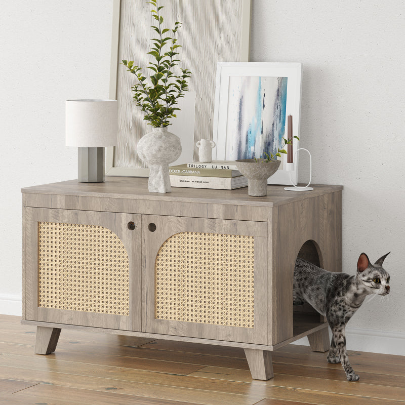 Boho Rattan Cat Litter Box Cabinet for Home, Flip-Top