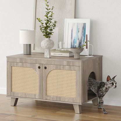 Boho Rattan Cat Litter Box Cabinet for Home, Flip-Top