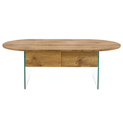 Natural Oval Coffee Table, Living Room, Glass Sides, Drawers