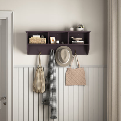 Espresso Wall-Mount Coat Rack Shelf, Entryway, 4 Dual Hooks