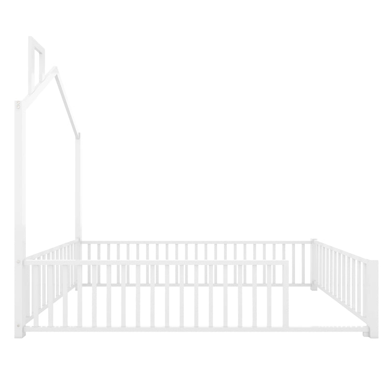 Playhouse Twin Metal Bed for Kids with Guardrail & Chimney