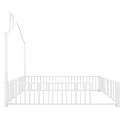 Playhouse Twin Metal Bed for Kids with Guardrail & Chimney