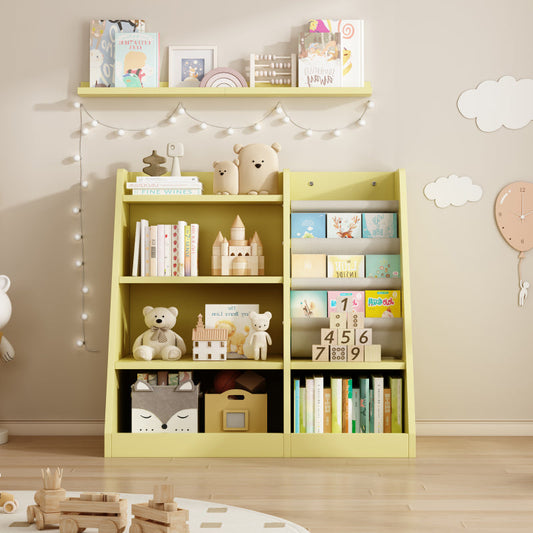 Yellow Wooden Toy Storage Organizer Cabinet Kids Bookshelf  Children Bookcase Toddler Baby Sling Book Rack Shelf for Playroom Bedroom Nursery Hallway School Kindergarten Living Roomy