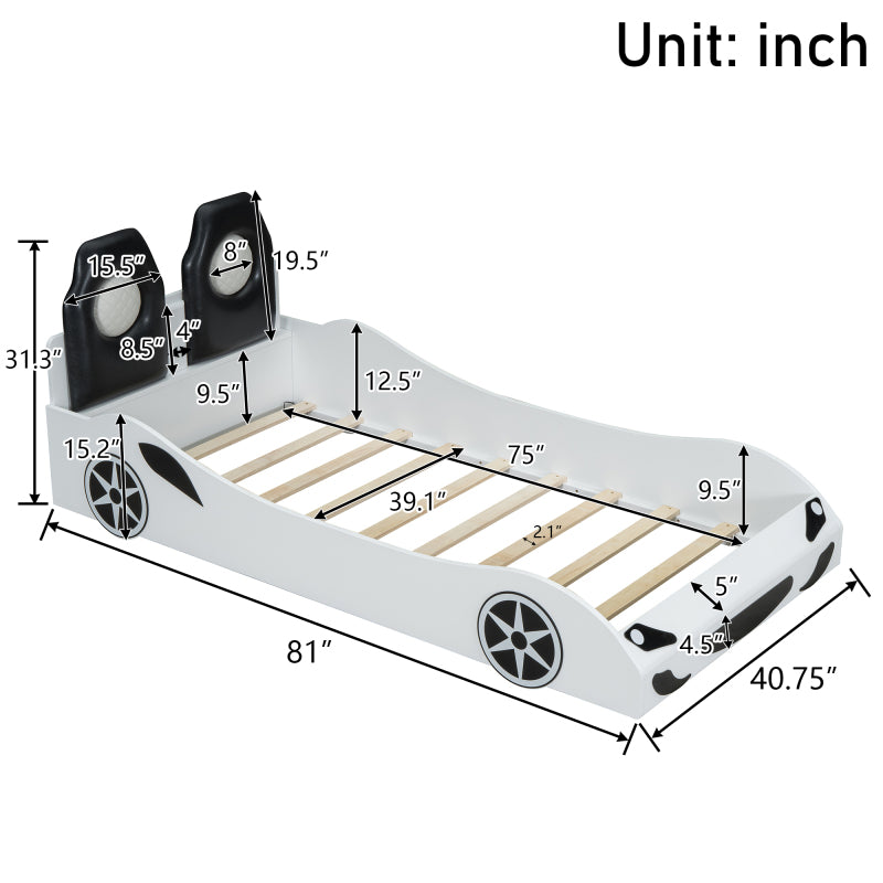Race Car Twin Platform Bed for Kids, LED & Padded Headboard
