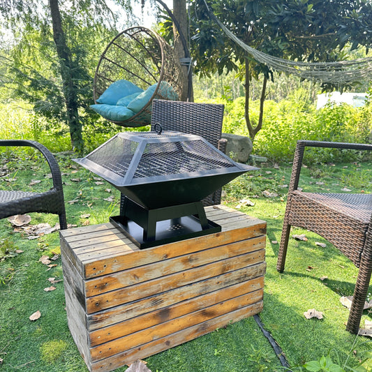 Compact Square Fire Pit for Backyard BBQs, Portable
