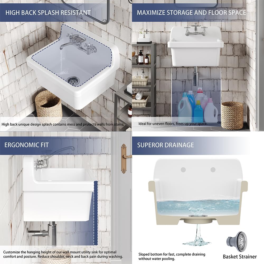 ELLAI Farmhouse Wall-Mount Laundry Room Sink with High Back