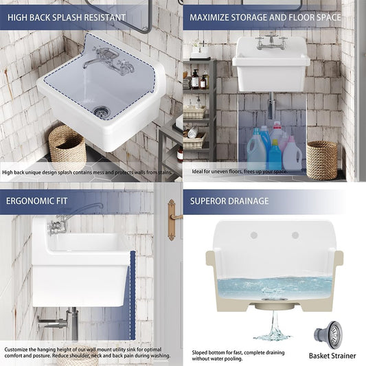ELLAI Farmhouse Wall-Mount Laundry Room Sink with High Back