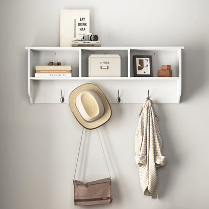 White Wall Coat Rack for Entryway, Shelf & 4 Dual Hooks