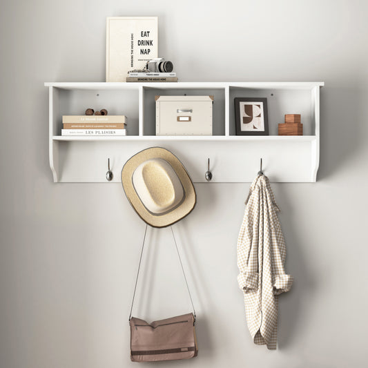 White Wall Coat Rack for Entryway, Shelf & 4 Dual Hooks