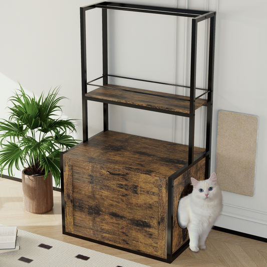 Rustic Brown Litter Box Cabinet for Home with Shelves & Rods