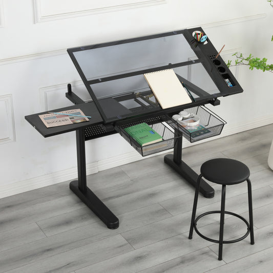 Industrial Drafting Table & Stool for Studio, Hand Crank