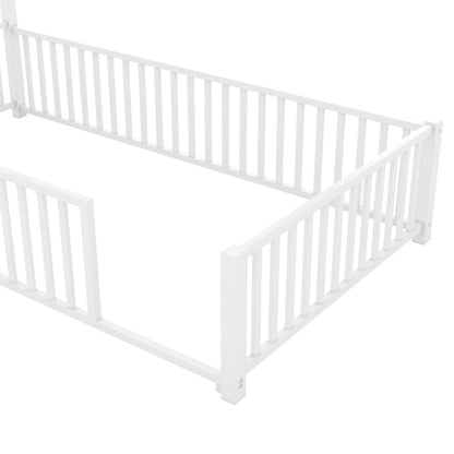 Playhouse Twin Metal Bed for Kids with Guardrail & Chimney