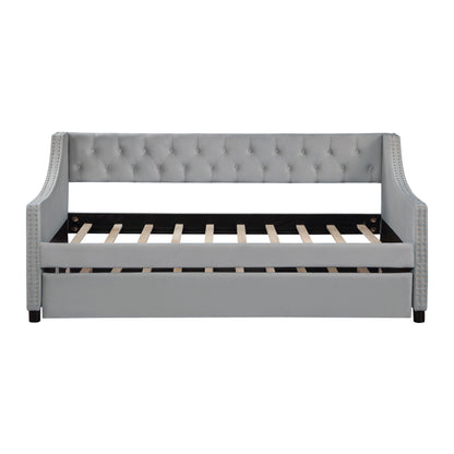 Classic Tufted Daybed w/ Trundle for Guest Room, Full, Beige
