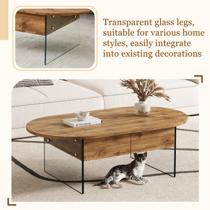 Natural Oval Coffee Table, Living Room, Glass Sides, Drawers