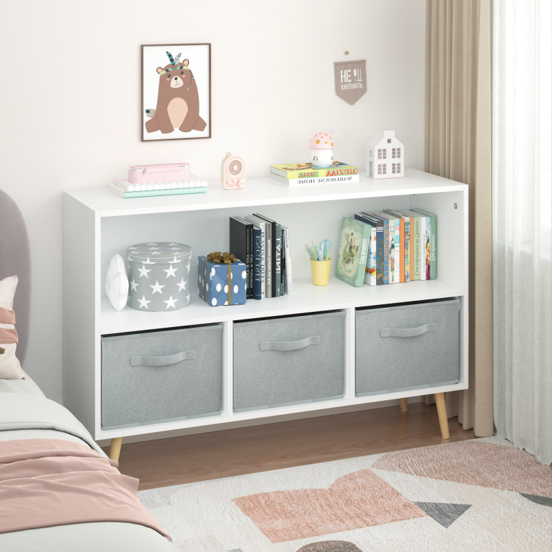 Modern Kids Bookcase for Playroom w/ Collapsible Fabric Bins